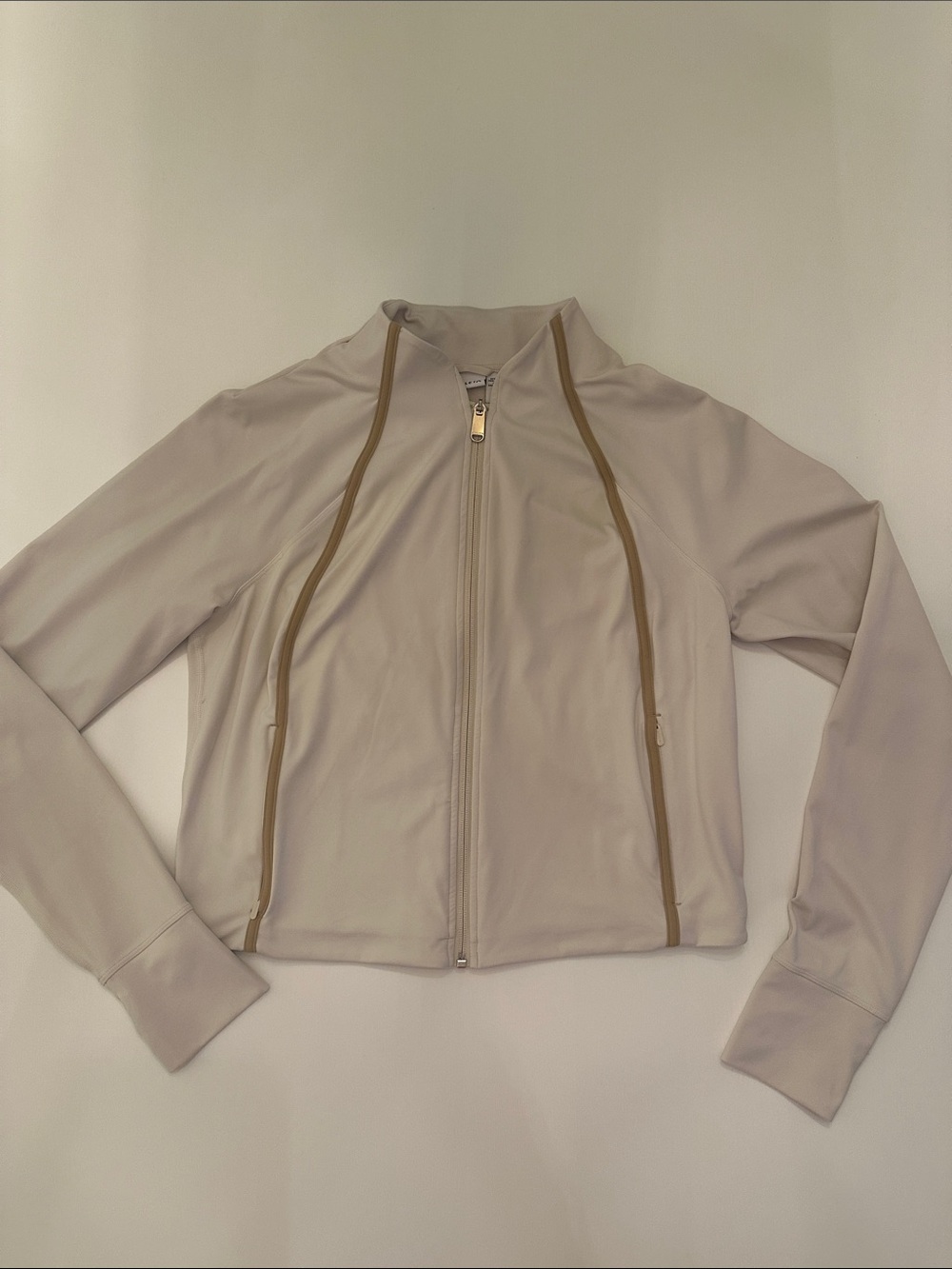 Athleta Light Beige Zip-Up Utility athletic Jacket with Tan Trim
